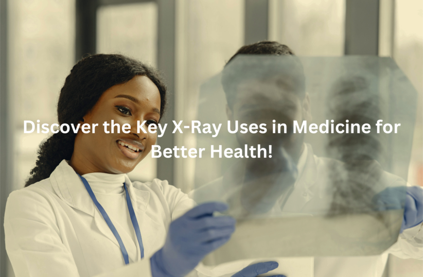 A smiling medical professional, wearing a white coat and blue gloves, stands in a clinical setting, with an X-ray image visible in the background, highlighting the importance of X-ray technology for better health.
