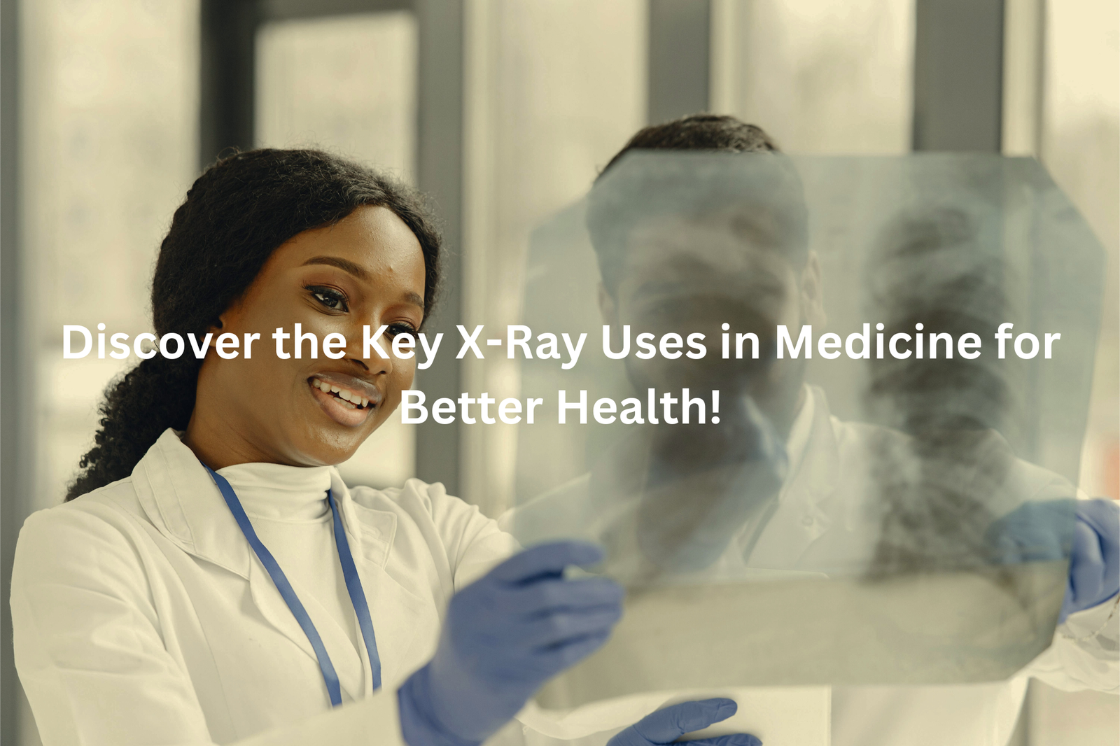 A smiling medical professional, wearing a white coat and blue gloves, stands in a clinical setting, with an X-ray image visible in the background, highlighting the importance of X-ray technology for better health.