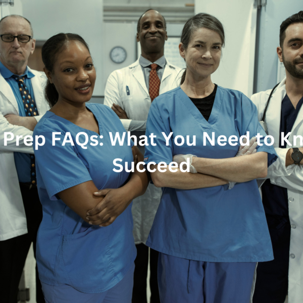 Diverse medical professionals in a hospital setting, posing together and providing guidance on exam preparation.