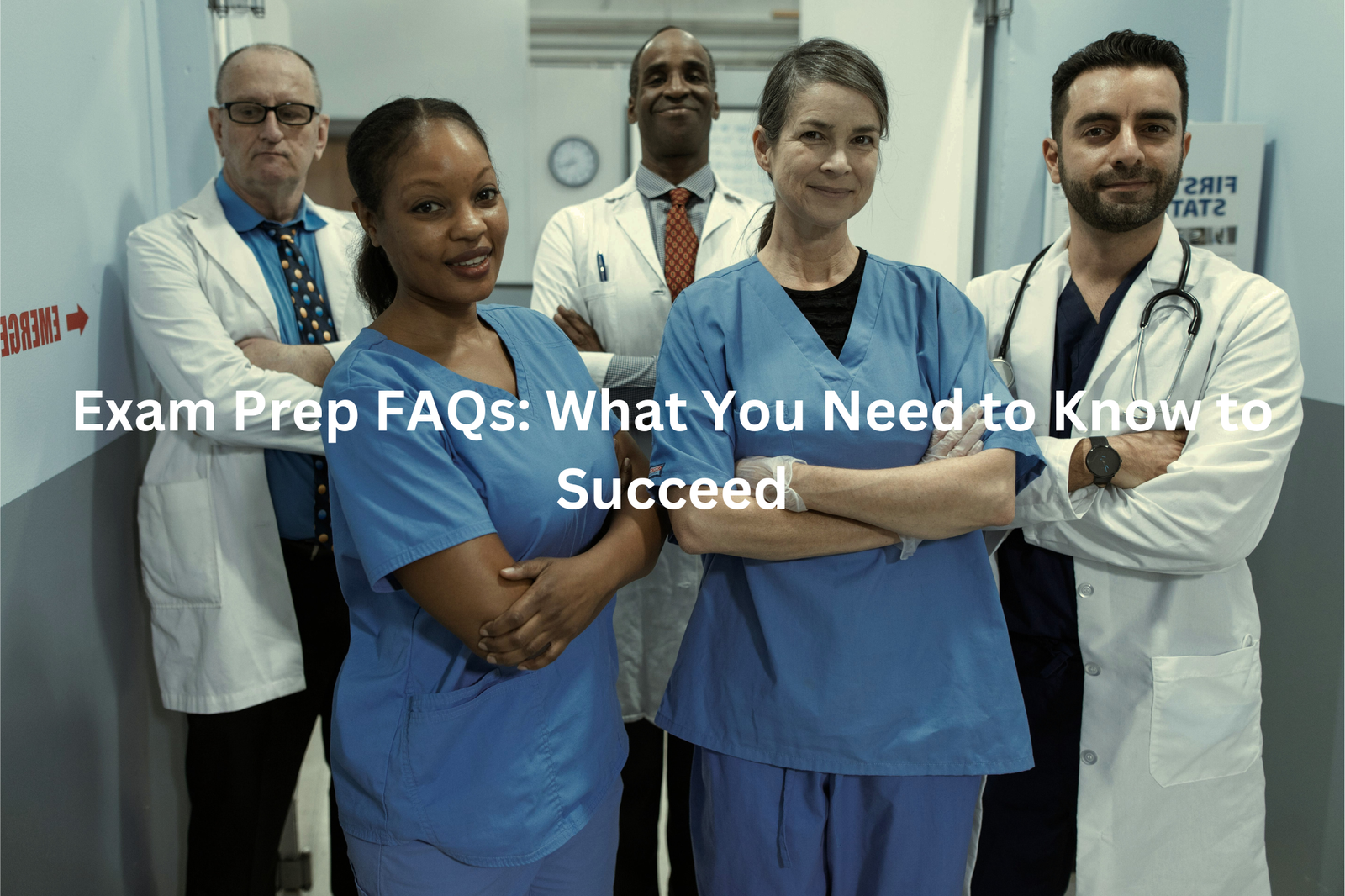 Diverse medical professionals in a hospital setting, posing together and providing guidance on exam preparation.