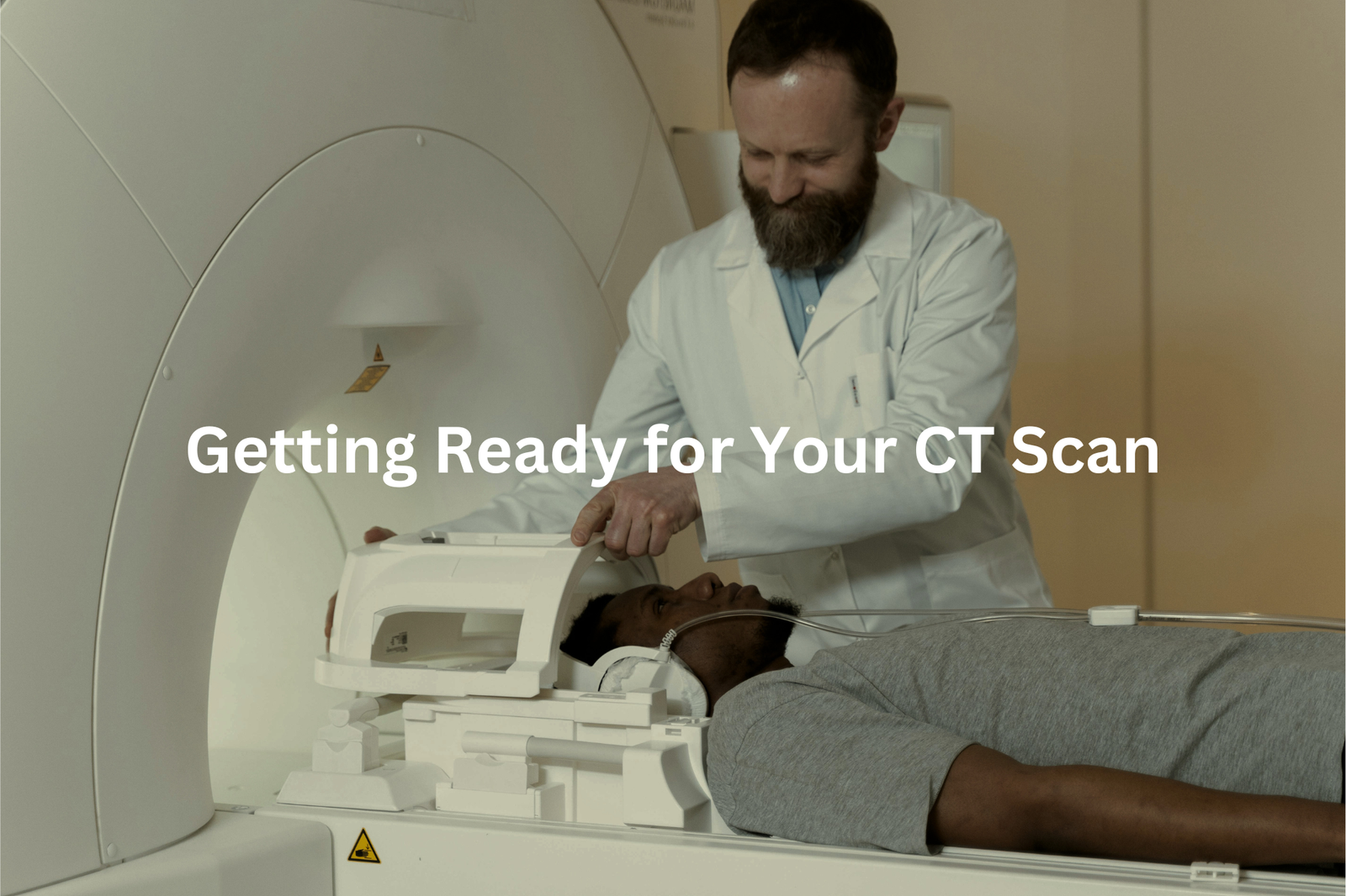 A healthcare provider guiding a patient through the process of undergoing a CT imaging procedure