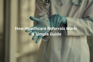 Text overlay "How Healthcare Referrals Work: A Simple Guide" on an image of a doctor's hand in medical gloves.