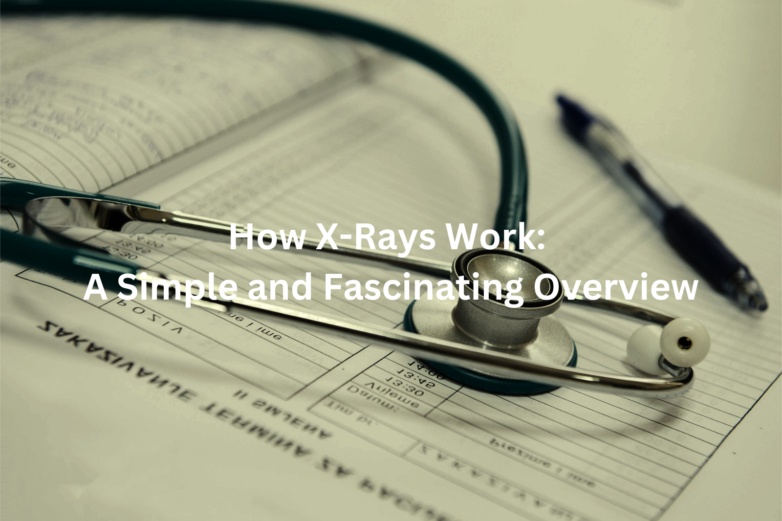 Closeup view of a stethoscope and x-ray documents, highlighting the text "How X-Rays Work: A Simple and Fascinating Overview