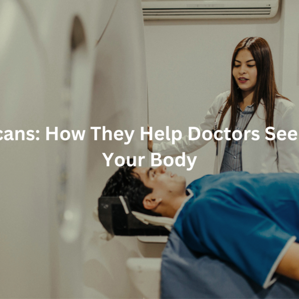 A medical professional standing next to a patient lying on an examination table in a medical facility.