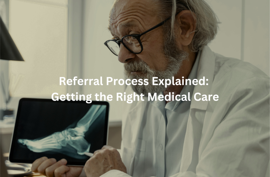 Close-up of an experienced medical professional studying a digital radiographic image, alongside the heading describing the referral system for obtaining necessary care.