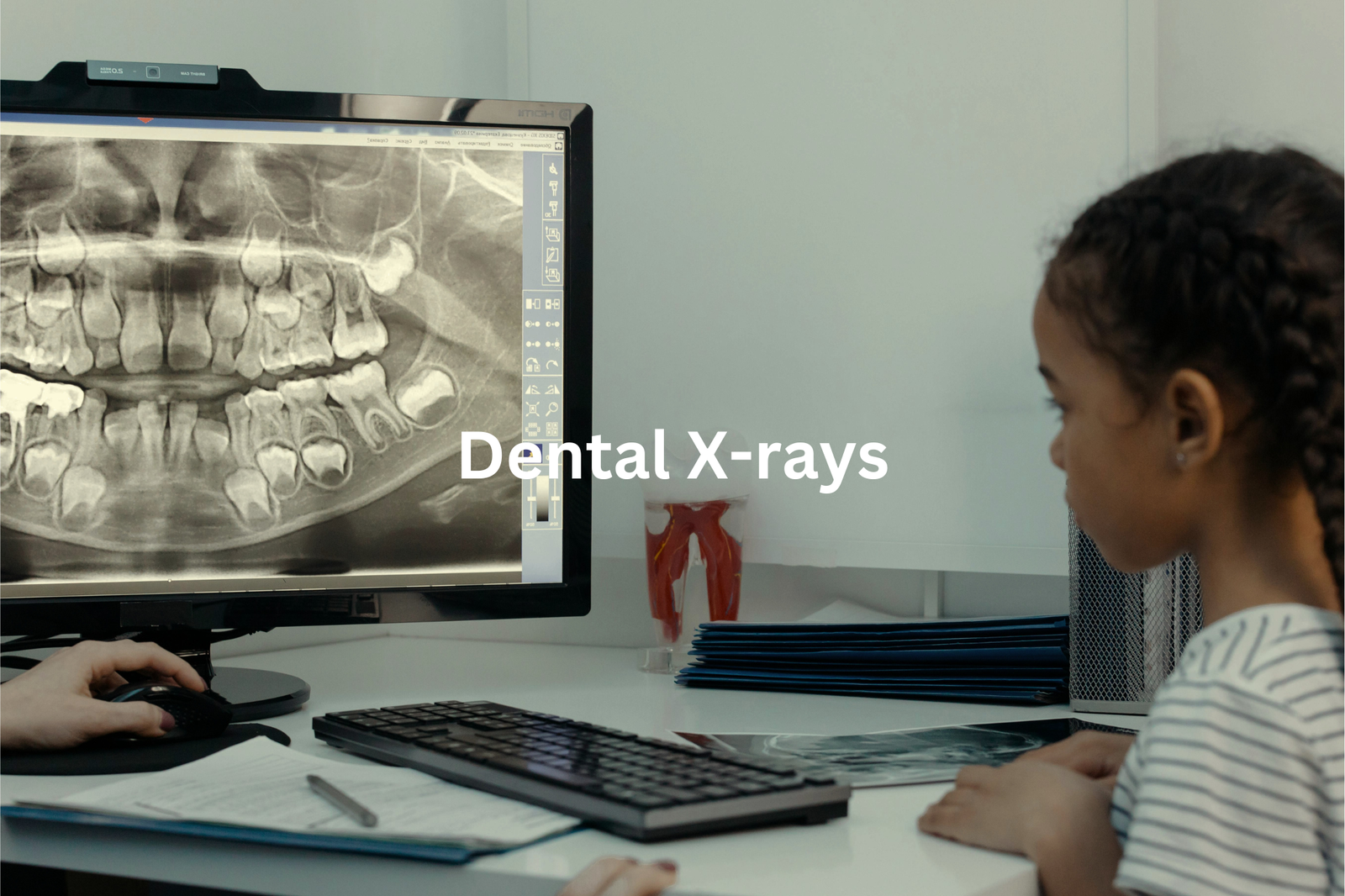 Dental Diagnostics A person likely a dental professional reviewing and analyzing dental x-rays displayed on a computer monitor as part of the diagnostic process