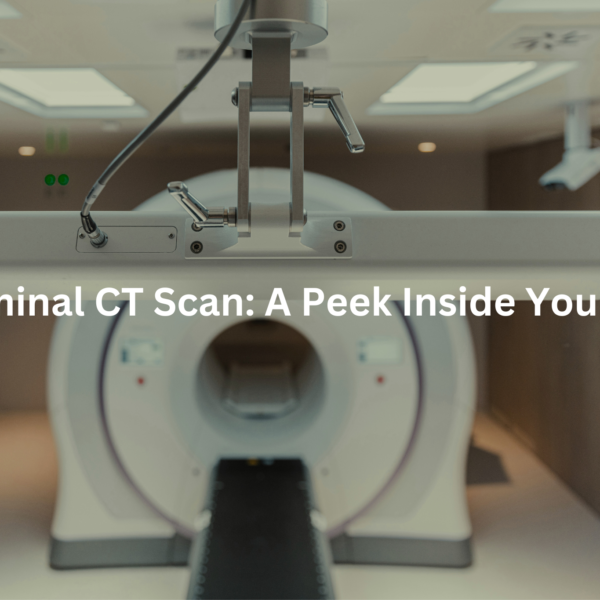 A medical CT scanner device with the title "Abdominal CT Scan: A Peek Inside Your Body"