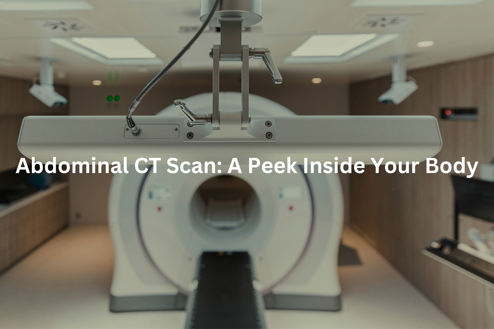 A medical CT scanner device with the title "Abdominal CT Scan: A Peek Inside Your Body"