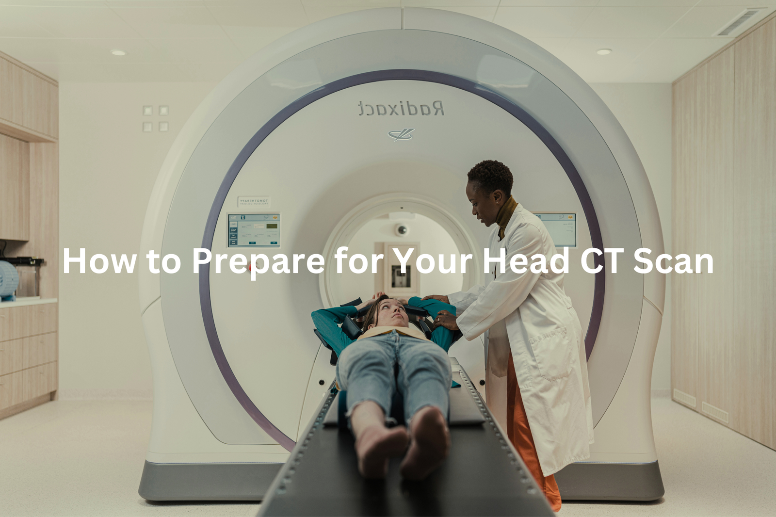 ealthcare professional assisting patient in preparation for head CT scan