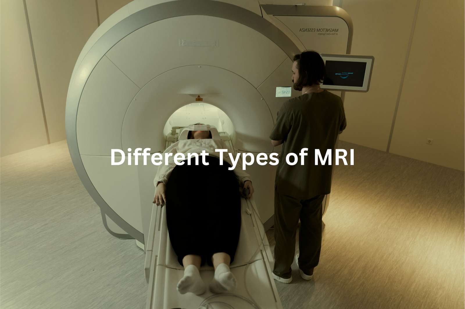 A patient lying inside a large cylindrical magnetic resonance imaging MRI machine with a healthcare professional standing nearby and operating the machine