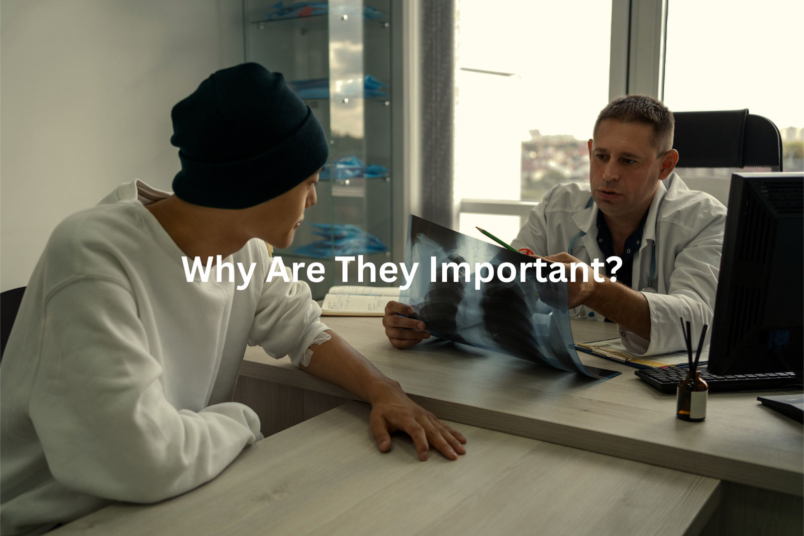 A doctor speaking with a patient and reviewing their medical records