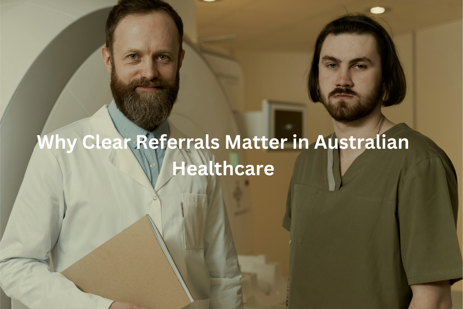 Two healthcare professionals, one with a beard and the other with long hair, standing in a hospital setting with the text "Why Clear Referrals Matter in Australian Healthcare"