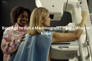 A medical image showing two women undergoing a mammogram screening, with the text providing information about the recommended age for this important breast cancer screening.