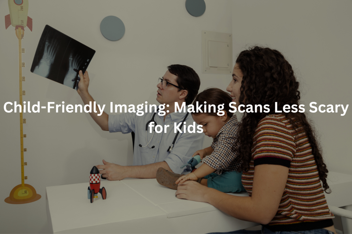 A doctor and child looking at an X-ray together, demonstrating the effort to create a comfortable and reassuring imaging experience for pediatric patients.