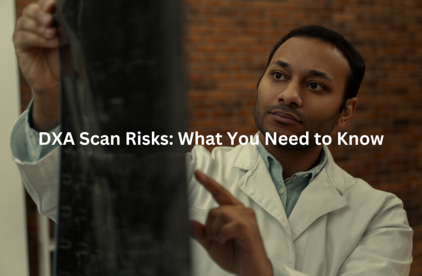 Man in a white coat examining a medical document, highlighting the importance of understanding DXA scan risks.