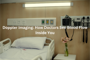 A medical examination room with a hospital bed, monitoring equipment, and text explaining Doppler imaging and how it allows doctors to see blood flow inside the body.
