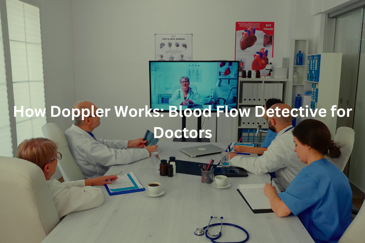 Medical professionals gathered around a computer screen, discussing Doppler ultrasound technology and its use in detecting blood flow for doctors.