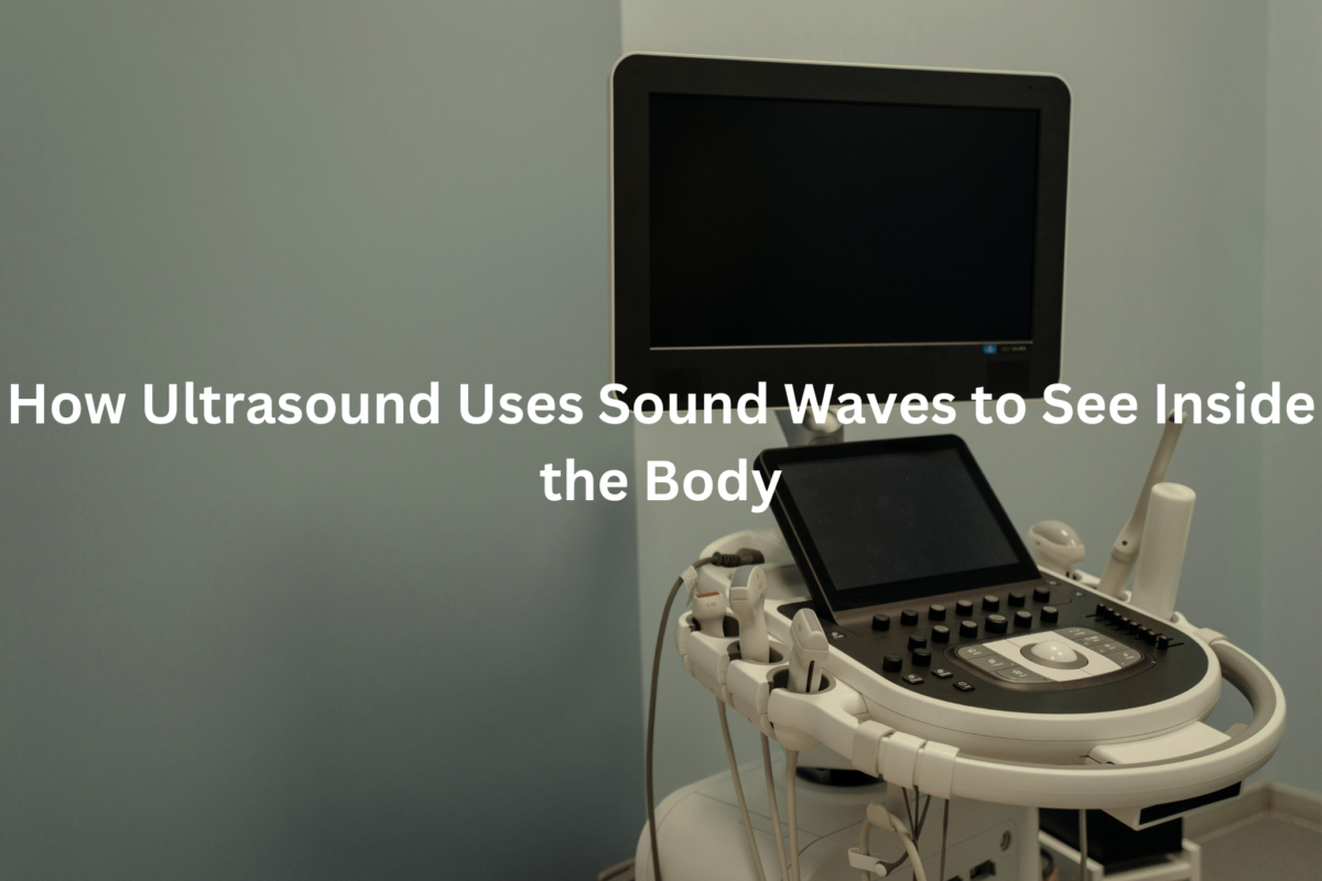 An ultrasound machine with a display monitor showing a black screen, indicating how ultrasound technology uses sound waves to see inside the body.