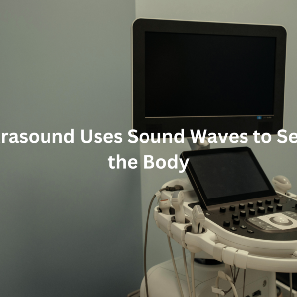 An ultrasound machine with a display monitor showing a black screen, indicating how ultrasound technology uses sound waves to see inside the body.