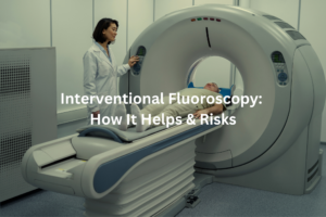 View of a patient undergoing an interventional fluoroscopic examination, with a medical professional controlling the imaging equipment in the background.
