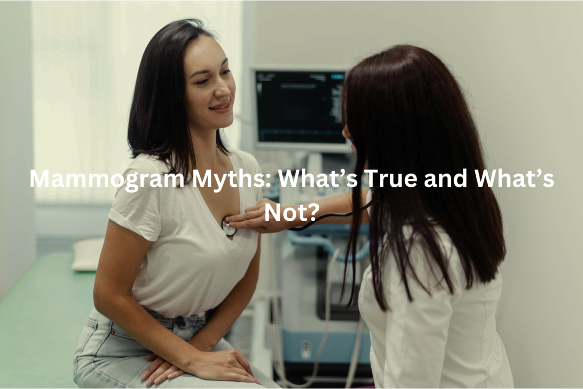 Two women discussing medical exam, with text "Mammogram Myths: What's True and What's Not?"