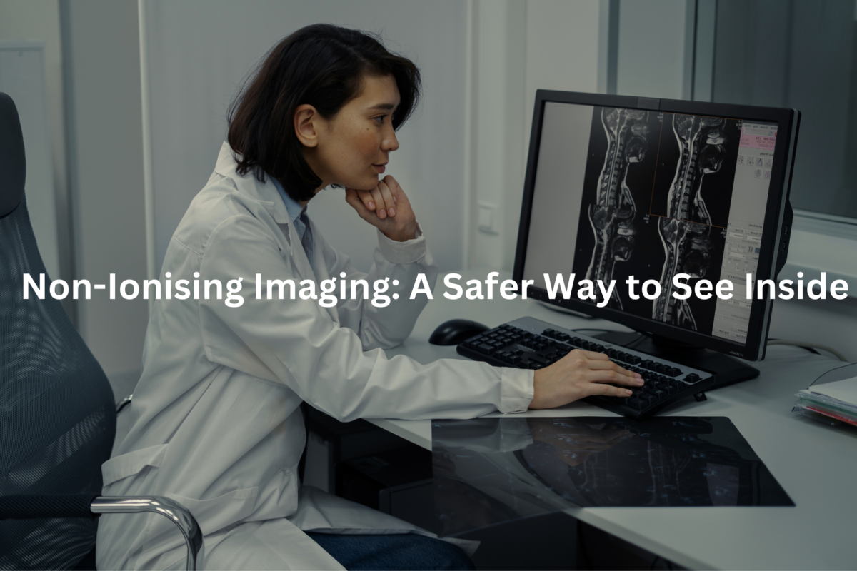 A medical expert reviews diagnostic imagery while seated at a workstation in a hospital or clinic.