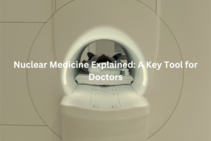 A white, circular medical imaging machine with the text "Nuclear Medicine Explained: A Key Tool for Doctors" displayed prominently.