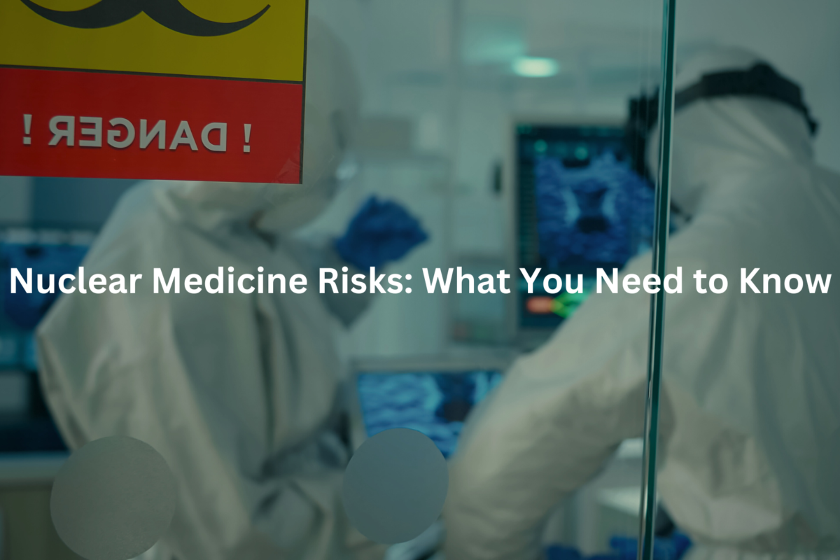A healthcare professional wearing protective clothing is visible in a hospital or laboratory environment, alongside a sign warning about nuclear medicine risks.