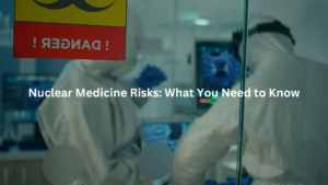 A healthcare professional wearing protective clothing is visible in a hospital or laboratory environment, alongside a sign warning about nuclear medicine risks.
