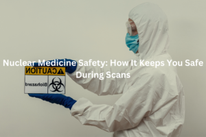 Healthcare worker in full protective gear holding biohazard-marked equipment, emphasizing the need for strict safety protocols in nuclear medicine procedures.