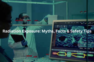 A scientific research environment showcasing the tools and technology used to study and understand radiation exposure, accompanied by the text "Radiation Exposure: Myths, Facts & Safety Tips".