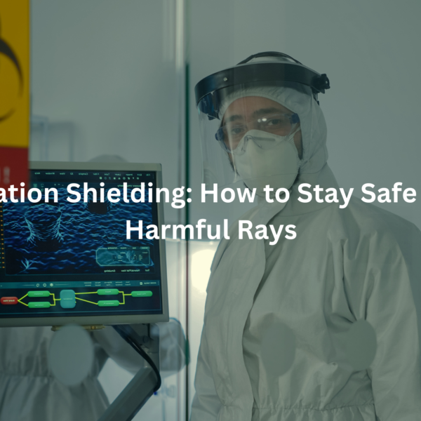 Radiation Safety: A technician in protective gear examines radiation shielding equipment, highlighting the importance of safety measures against harmful rays.