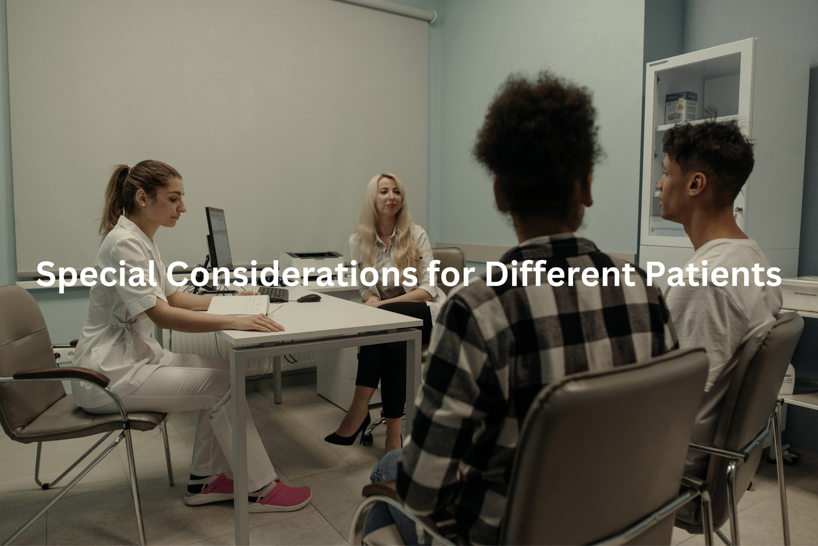Healthcare professionals discussing treatment options with diverse patients in a medical office setting