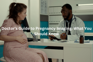 Pregnant patient discussing pregnancy imaging options with her doctor in a medical office.