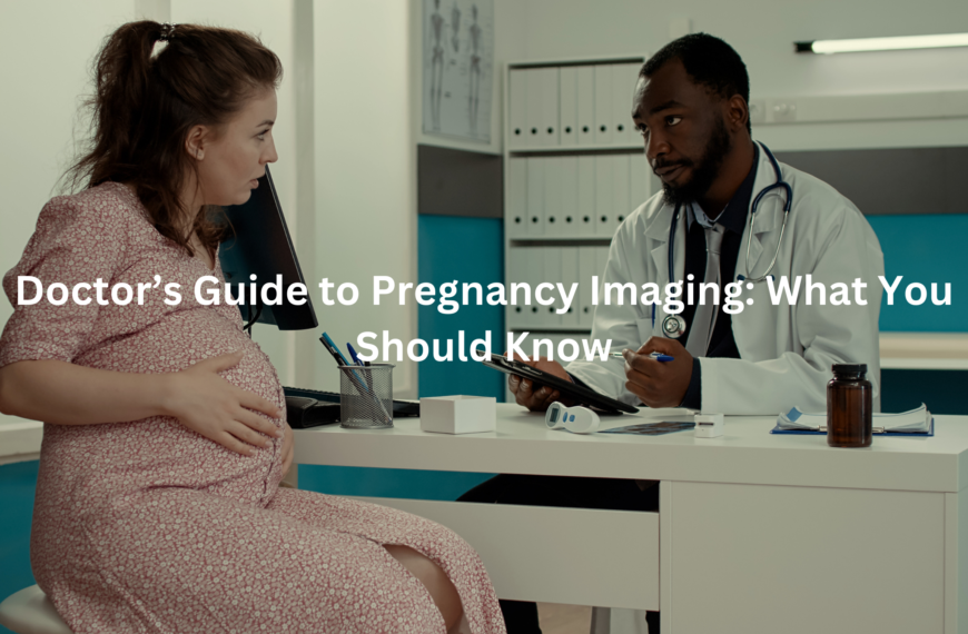 Pregnant patient discussing pregnancy imaging options with her doctor in a medical office.