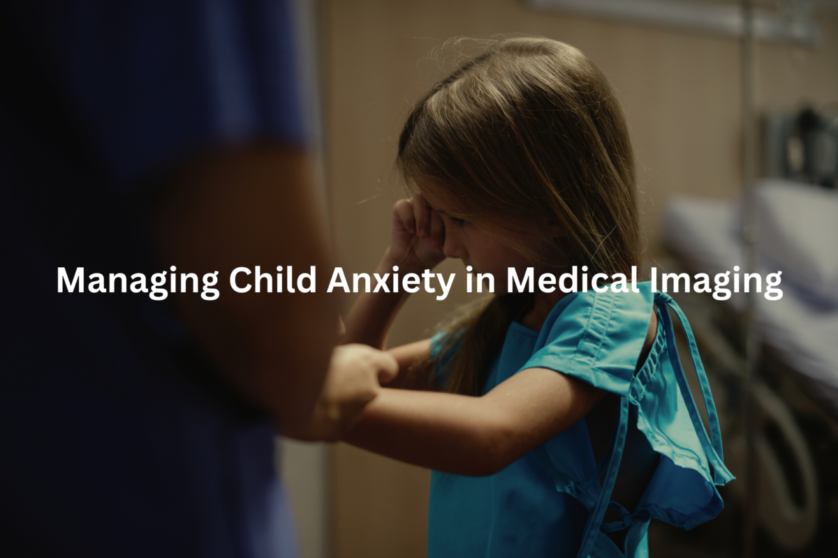 A concerned child, wrapped in a hospital gown, conveys the emotional stress children can experience when undergoing medical scans or tests.