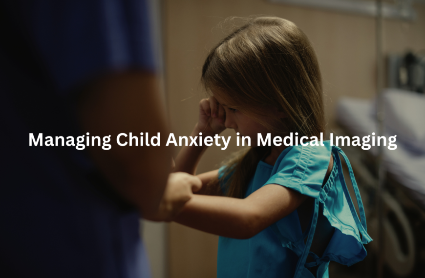 A concerned child, wrapped in a hospital gown, conveys the emotional stress children can experience when undergoing medical scans or tests.