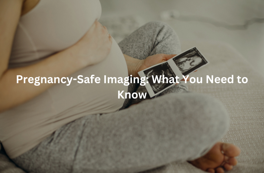 A pregnant person resting on a bed and examining ultrasound images, with the text "Pregnancy-Safe Imaging: What You Need to Know" overlaid.