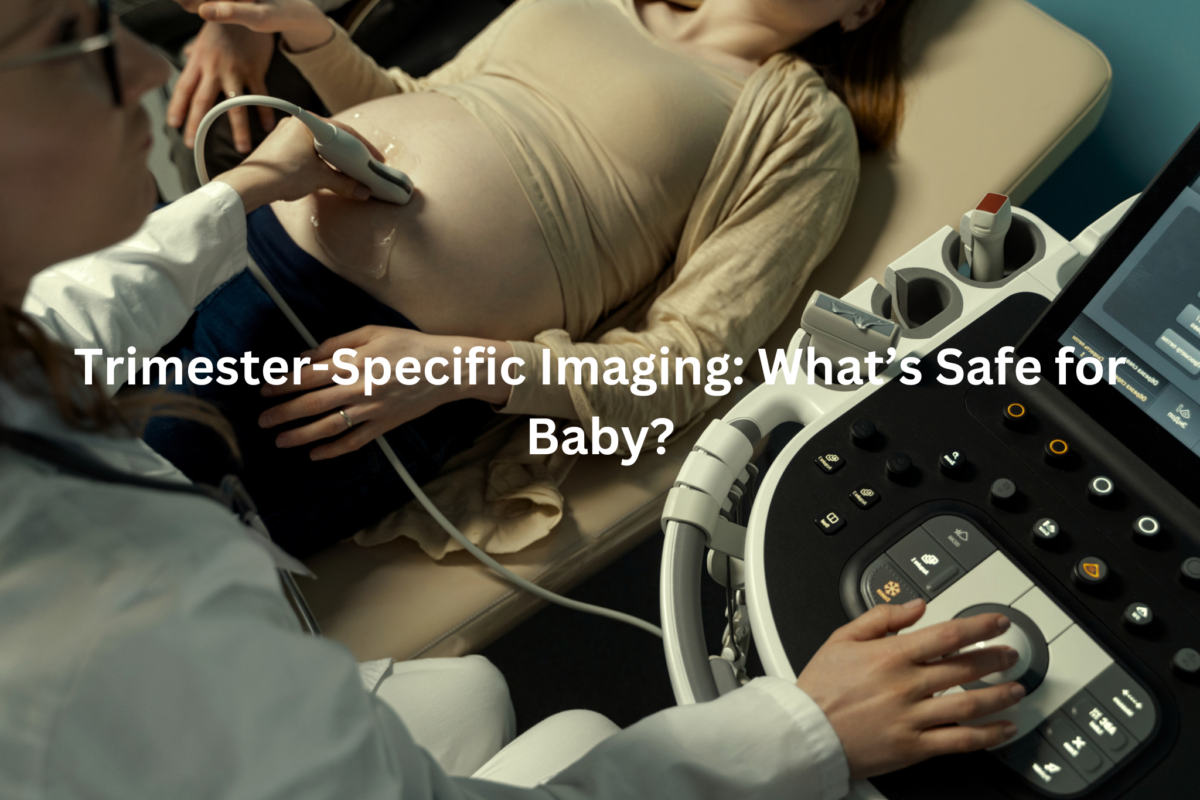 Close-up of a pregnant woman's abdomen undergoing a medical ultrasound examination, with various medical instruments and controls visible.