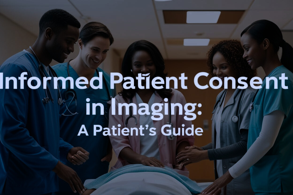 A diverse group of healthcare professionals, including doctors and nurses, stand around a patient in a hospital setting, smiling and engaged in discussion. The text 'Informed Patient Consent in Imaging: A Patient’s Guide' is overlaid in bold letters.