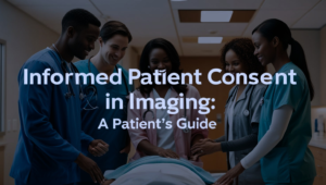 A diverse group of healthcare professionals, including doctors and nurses, stand around a patient in a hospital setting, smiling and engaged in discussion. The text 'Informed Patient Consent in Imaging: A Patient’s Guide' is overlaid in bold letters.